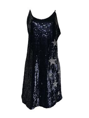 Allegra K Blue Silver Star Glitter Sequin Spaghetti Strap V Neck Mini Dress L